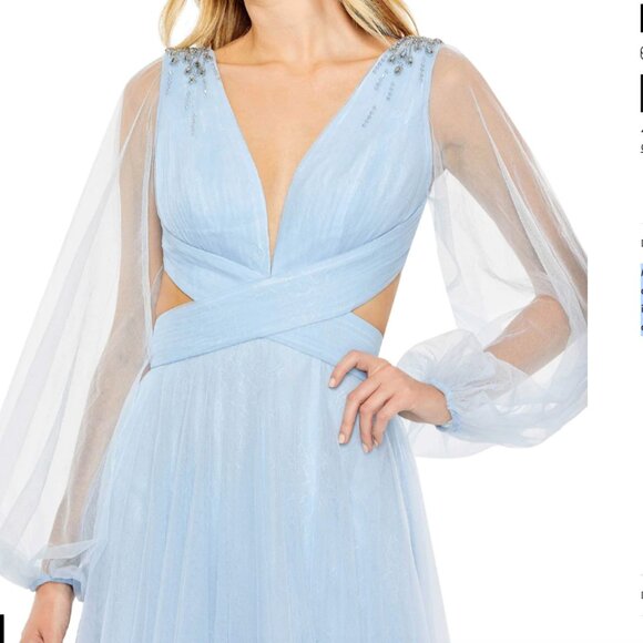 MAC DUGGAL 50662 TULLE PUFF SLEEVE CUTOUT LACE UP A-LINE ICE BLUE GOWN sz 2 - Picture 6 of 8